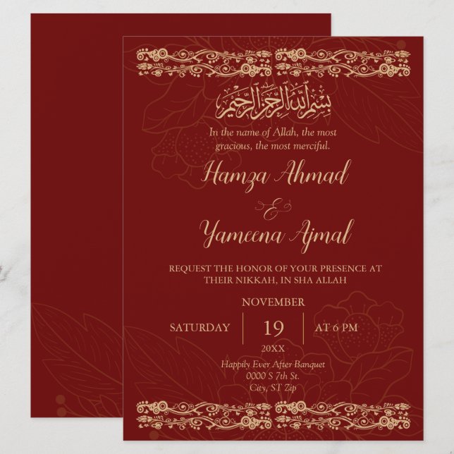 Invitación Nikkah, Boda Islámico Islámico Moderno Rojo Y Oro (Anverso / Reverso)