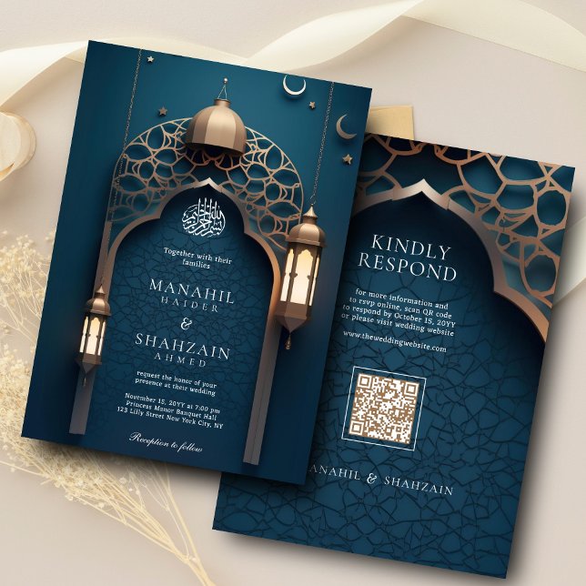 Invitación Nile Blue Islamic 3D Arch Elegante Boda Musulmana (Subido por el creador)