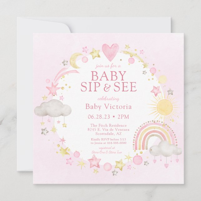 Invitación Niña Acuarela Arcoíris Bebé Sip And See (Anverso)