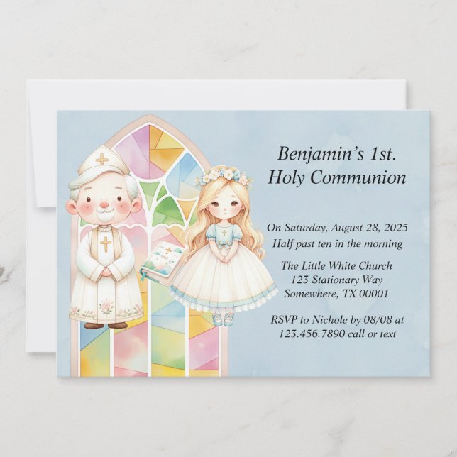 Invitación Niña Acuarela Azul 1ra. Comunión  (Anverso)