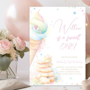 Invitación Niña Acuarela Dulces Dulce Primera Cumpleaños