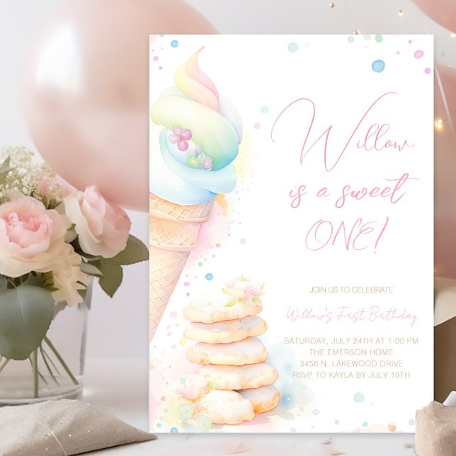 Invitación Niña Acuarela Dulces Dulce Primera Cumpleaños (Pretty pastel sweet one first birthday invitation. Simply add your event details.)