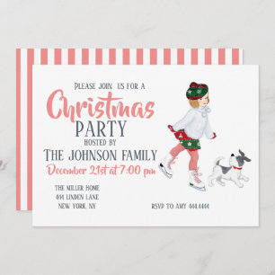 Invitación Niña adorable patinando en hielo y perro