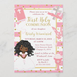 Invitación Niña afroamericana de Primera Comunión con raya ro