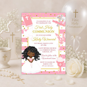 Invitación Niña Afroamericana de Primera Comunión Rosa