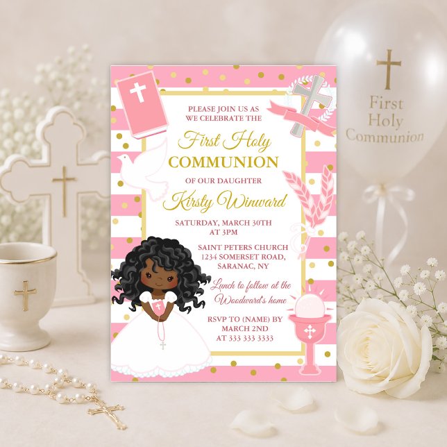 Invitación Niña Afroamericana de Primera Comunión Rosa (Subido por el creador)