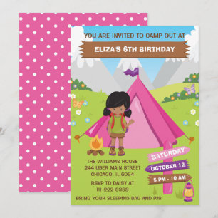 Invitación Niña afroamericana en cumpleaños de camping al air
