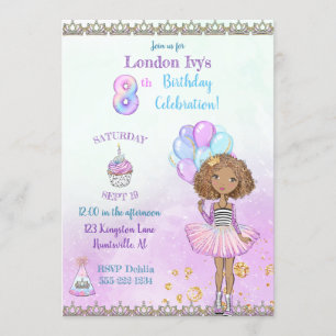 Invitación Niña afroamericana en su octavo cumpleaños princes