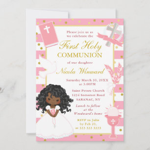 Invitación Niña afroamericana rosa Primera Comunión