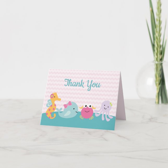 Invitación Niña Animales Marinos Vida Oceánica Agradecimiento (Anverso)