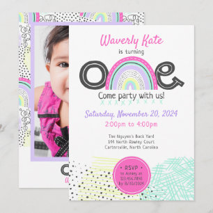 Invitación Niña arcoiris Primer cumpleaños foto de Doodle Kaw