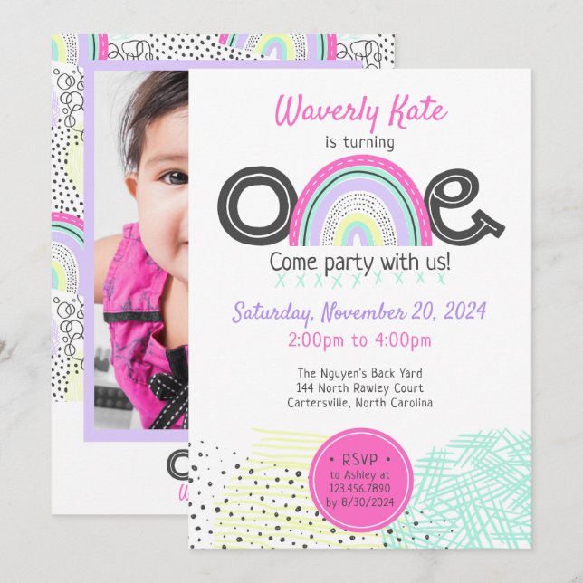 Invitación Niña arcoiris Primer cumpleaños foto de Doodle Kaw (Anverso / Reverso)