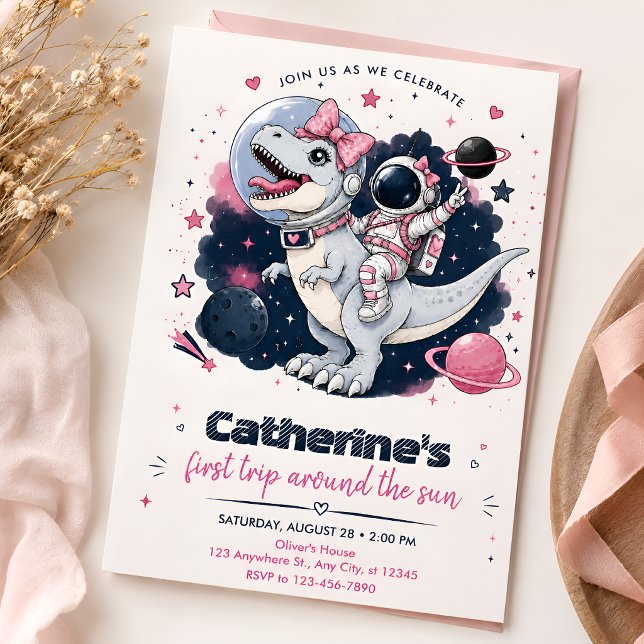 Invitación Niña Astronauta Cumpleaños Espacio Dinosaurio Rosa (Subido por el creador)