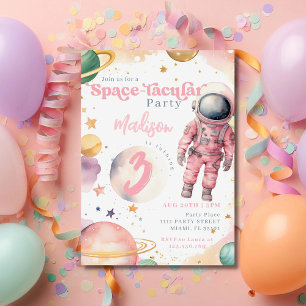 Invitación Niña Astronauta Rosa Cumpleaños en el Espacio Exte