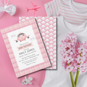 Invitación Niña Avión Nubes Dulce Fiesta de Bebé Rosa Gris