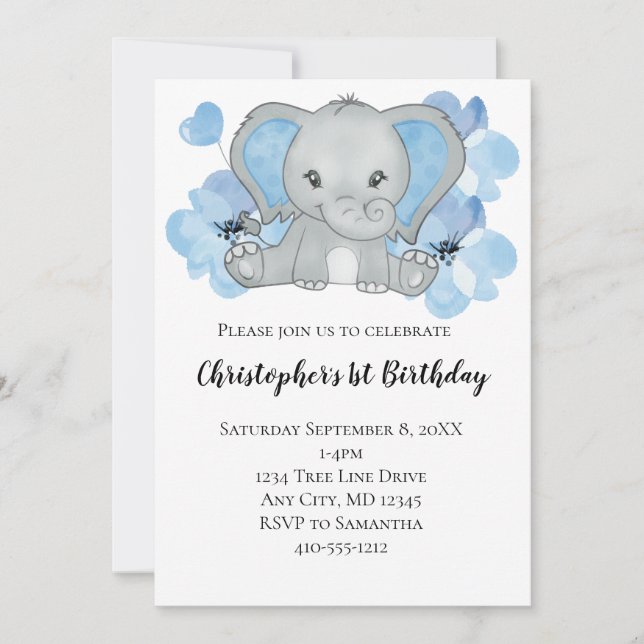 Invitación Niña azul Elefante Flores Globos Cumpleaños I (Anverso)