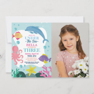 Invitación Niña Bajo El Mar TRES Delfín Oceánico Foto 3º