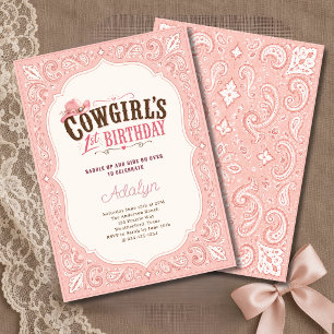 Invitación Niña Bandana de Cowgirl de Cuadrillé Rosa Cumpleañ