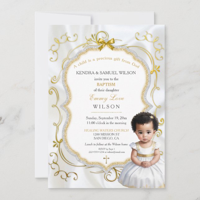 Invitación Niña Baptismo Comunión Cristiana Oro Blanco (Anverso)