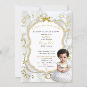 Invitación Niña Baptismo Comunión Cristiana Oro Blanco