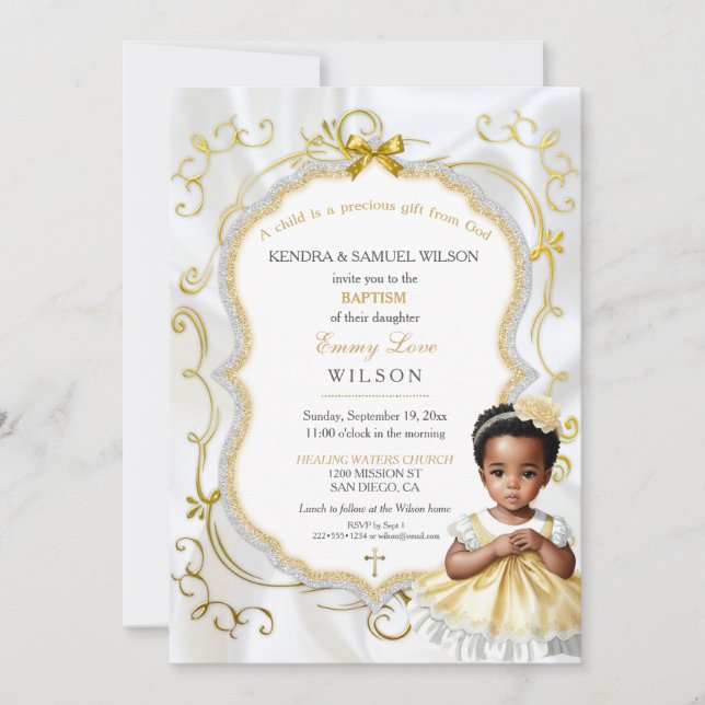 Invitación Niña Baptismo Comunión Cristiana Oro Blanco (Anverso)
