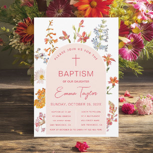 Invitación Niña Bautismo Flores Silvestres Arco Rosa Bautizo
