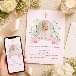 Invitación Niña Bautizo Arco de Fotos Rosa Flores Blancas