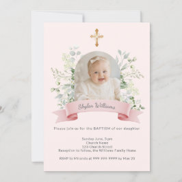 Invitación Niña Bautizo Arco de Fotos Rosa Flores Blancas