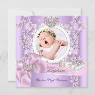 Invitación Niña Bautizo Lila Rosa Blanco Foto Bautismo