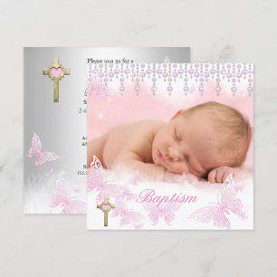 Invitación Niña Bautizo Mariposa Cruz Rosa Plata