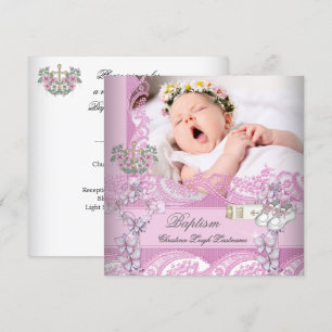 Invitación Niña Bautizo Rosa Blanco Foto Cristiana