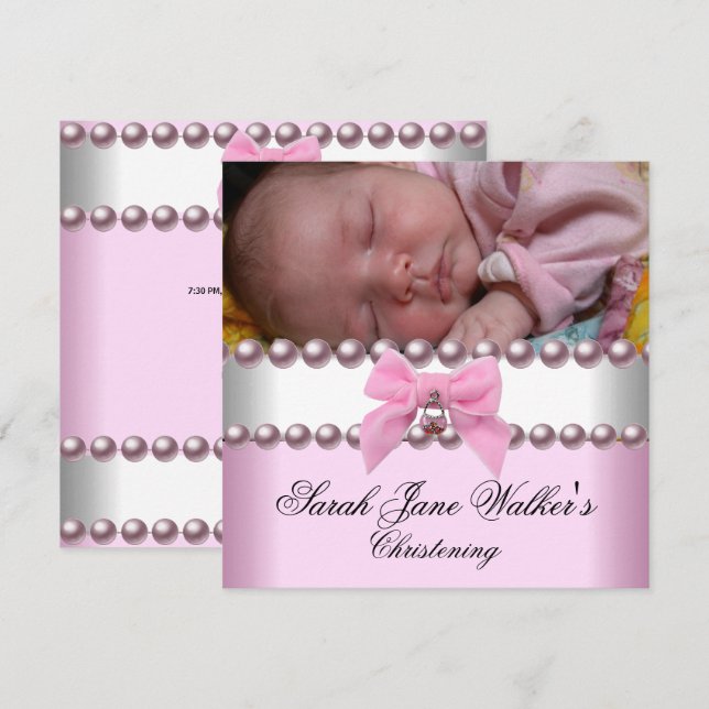 Invitación Niña Bautizo Rosa Blanco Perla Rosa Foto (Anverso / Reverso)