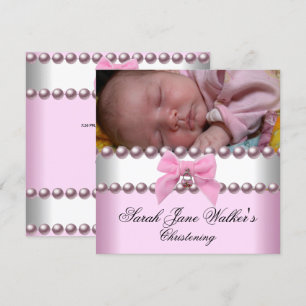 Invitación Niña Bautizo Rosa Blanco Perla Rosa Foto