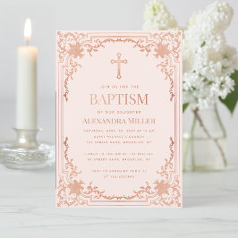 Invitación Niña Bautizo Rosa Dorado Rosa Claro Vintage Elegan