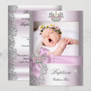 Invitación Niña Bautizo Rosa Encaje Blanco Foto Bautismo