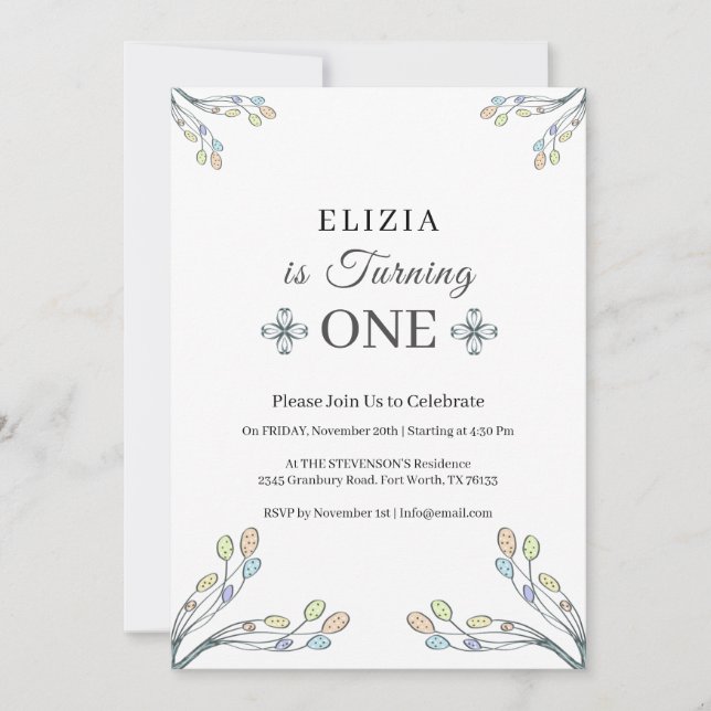 Invitación Niña bebé 1º cumpleaños Floral Retro blanco (Anverso)
