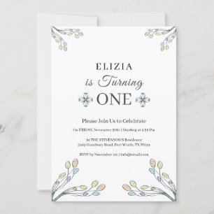 Invitación Niña bebé 1º cumpleaños Floral Retro blanco