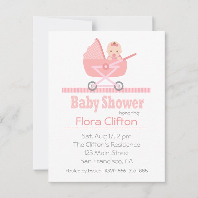 Invitación Niña Bebé Adorable en Cochecito de Bebé para Fiest (Anverso)