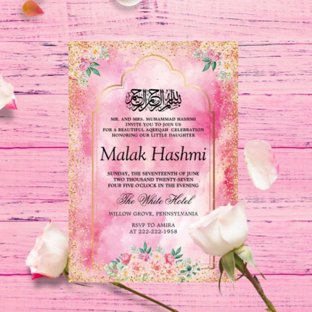 Invitación Niña bebé Aqeeqa Aqiqa floral islámica moderna (Subido por el creador)