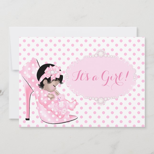Invitación Niña bebé Baby Shower puntos rosados de polka blan (Anverso)