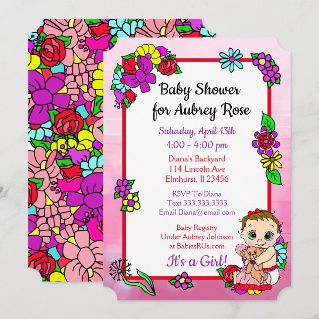 Invitación Niña bebé con Baby Shower rosa de oso de peluche (Anverso / Reverso)