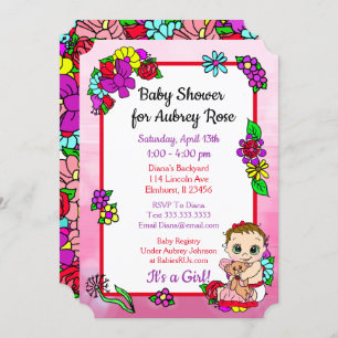 Invitación Niña bebé con Baby Shower rosa de oso de peluche
