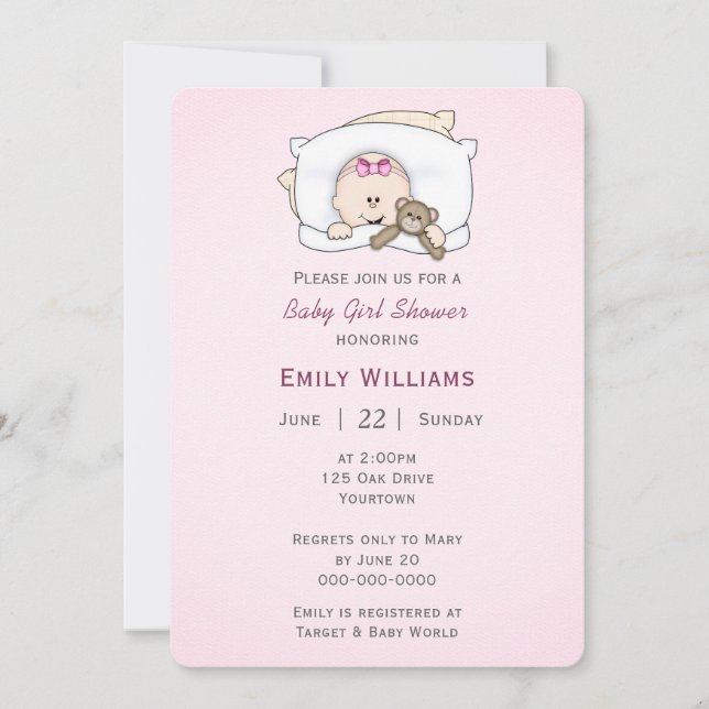 Invitación Niña Bebé Con Oso De Teddy (Anverso)
