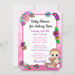 Invitación Niña bebé con osos de peluche rosa Baby Shower flo
