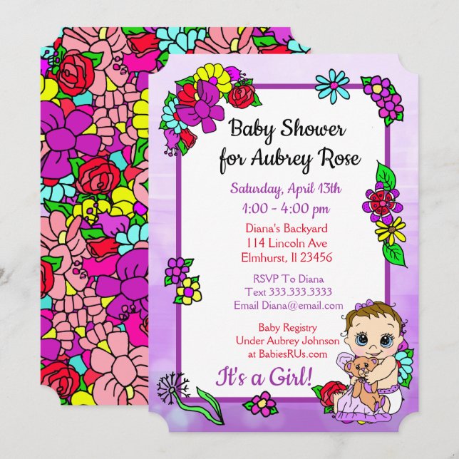 Invitación Niña bebé con Teddy Bear Baby Shower púrpura (Anverso / Reverso)