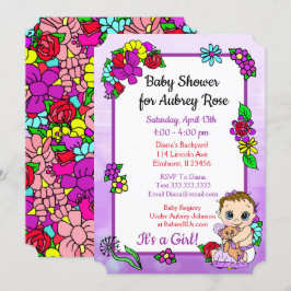 Invitación Niña bebé con Teddy Bear Baby Shower púrpura