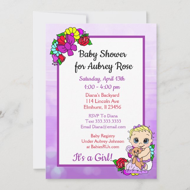 Invitación Niña bebé con Teddy Bear Baby Shower púrpura (Anverso)