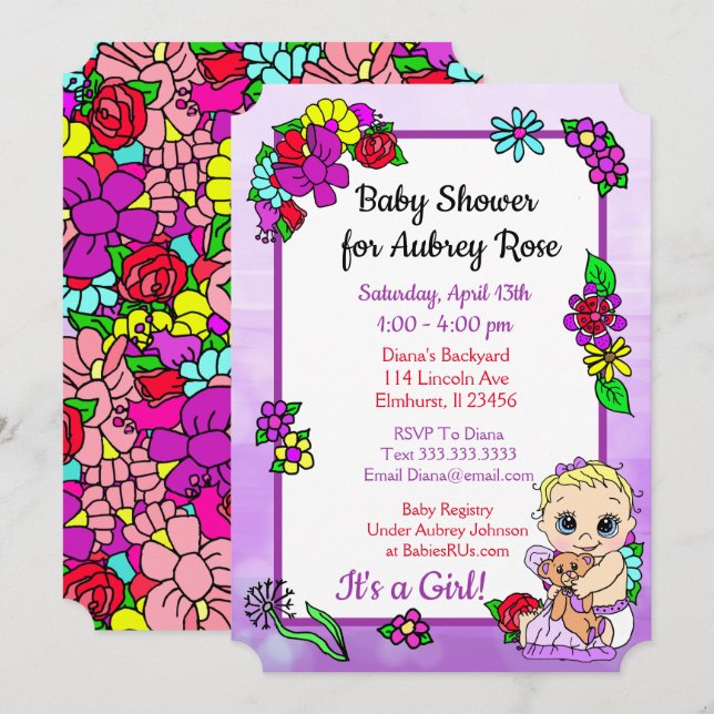 Invitación Niña bebé con Teddy Bear pueblo morado de Baby Sho (Anverso / Reverso)