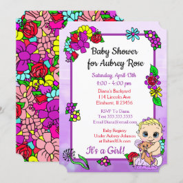 Invitación Niña bebé con Teddy Bear pueblo morado de Baby Sho