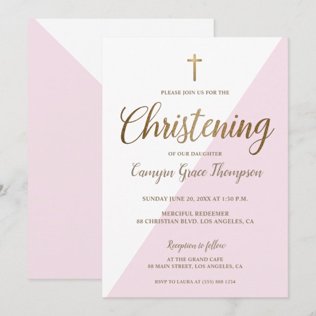 Invitación Niña bebé cristiana de oro blanco rosado moderno (Anverso / Reverso)